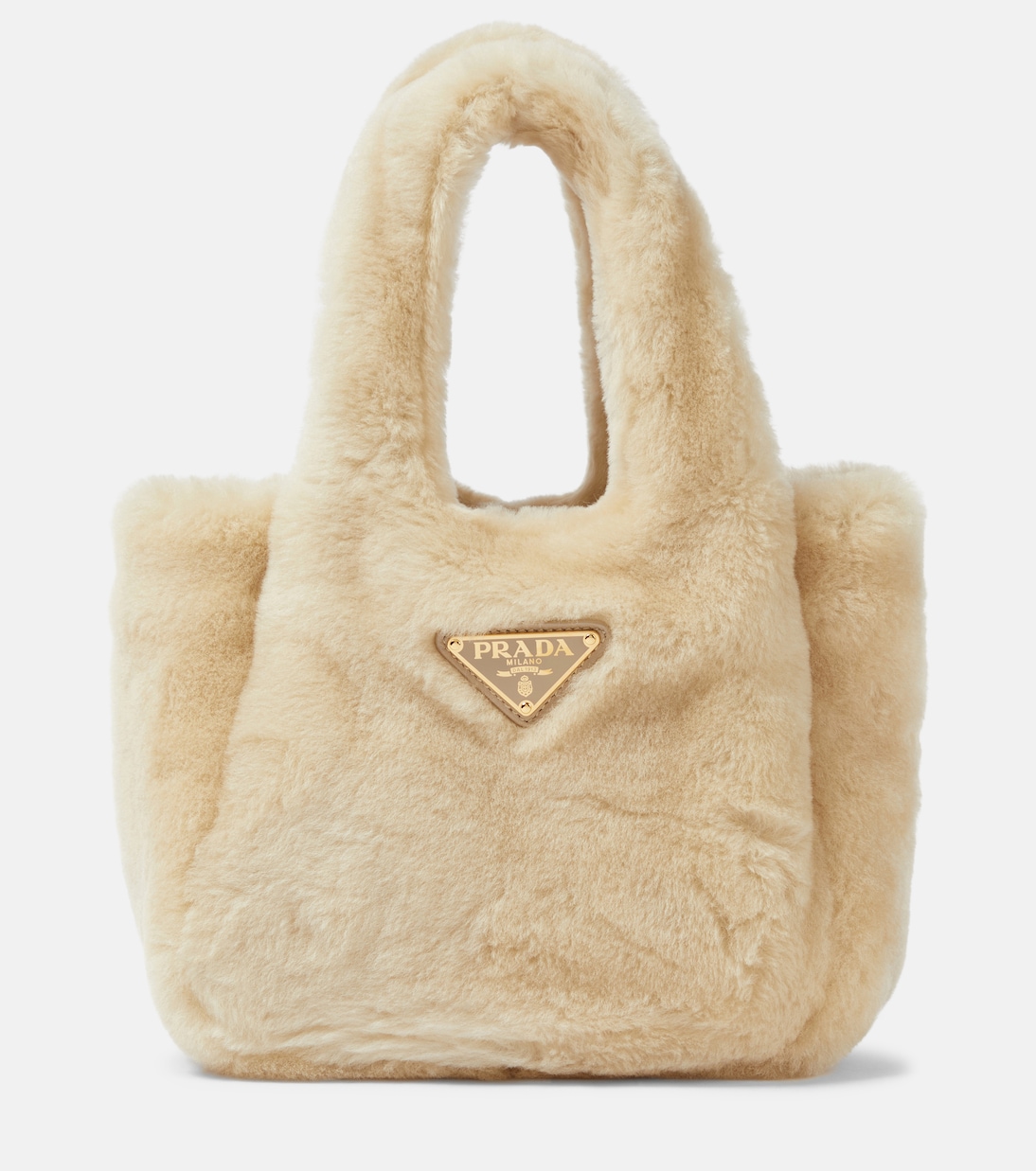 

Мини-сумка-тоут из овчины Prada, экрю