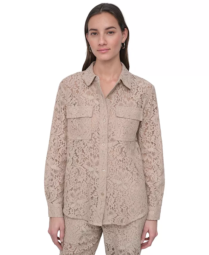 

Женская блузка с длинным рукавом на пуговицах и кружевной отделкой DKNY Jeans, коричневый
