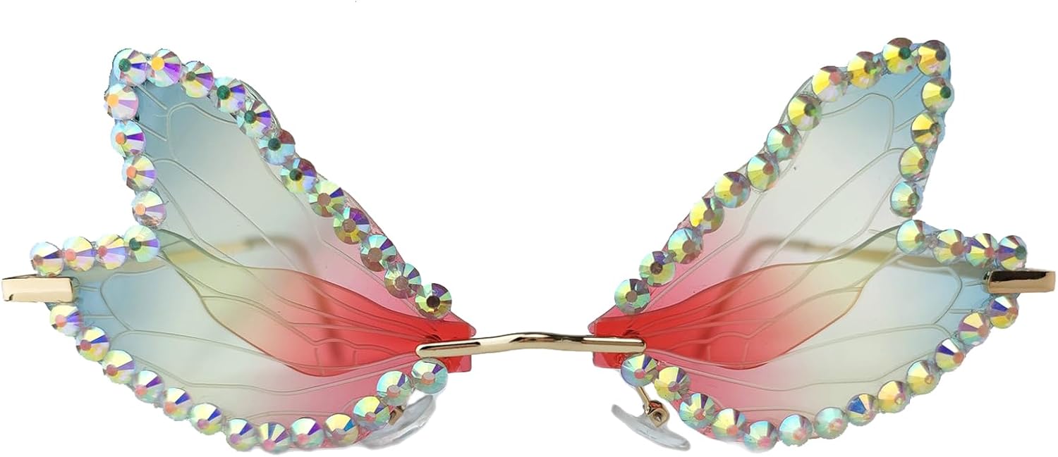 

COTIA Модные солнцезащитные очки без оправы с рисунком «крылья стрекозы» для женщин, украшенные кристаллами, стразами и жемчугом, для вечеринки и Хэллоуина, Red Green2