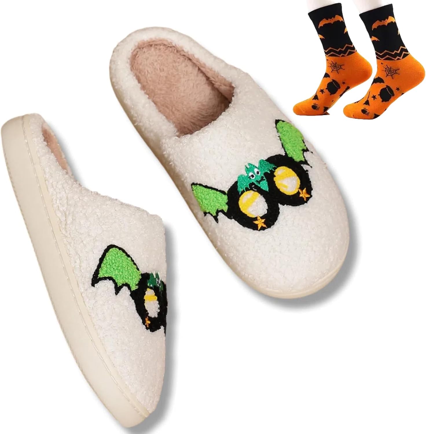 

Тапочки в виде летучей мыши на Хэллоуин для женщин и мужчин, теплые, мягкие, для дома и улицы, нескользящие, жуткие, ужасные, осенние, мультяшные, плюшевые Elirar, зеленый