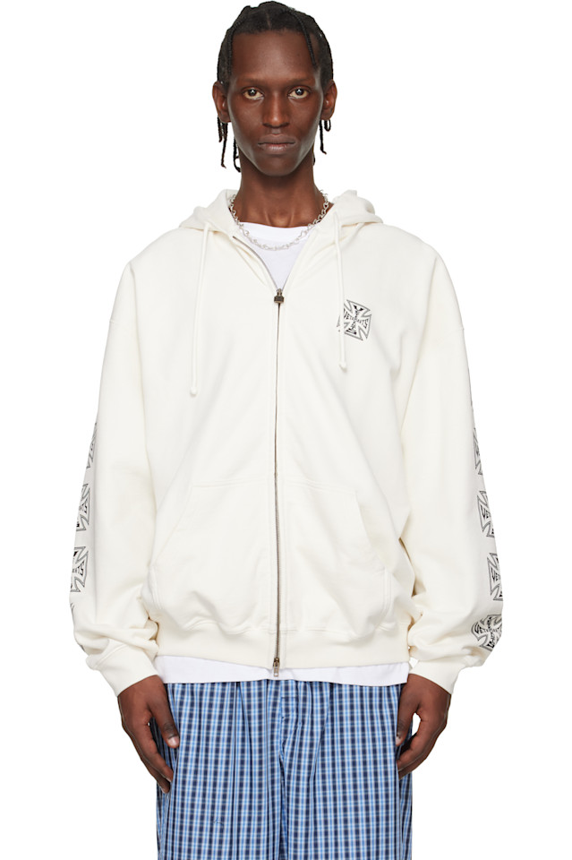 

Vetements Худи Off-White в байкерском стиле с перекрестными рукавами и застежкой-молнией