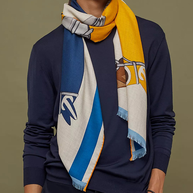 HERMES Шёлковый шарф мужской натуральный/жёлтый/морской синий, Natural/Yellow/Marine Blue — фото 2