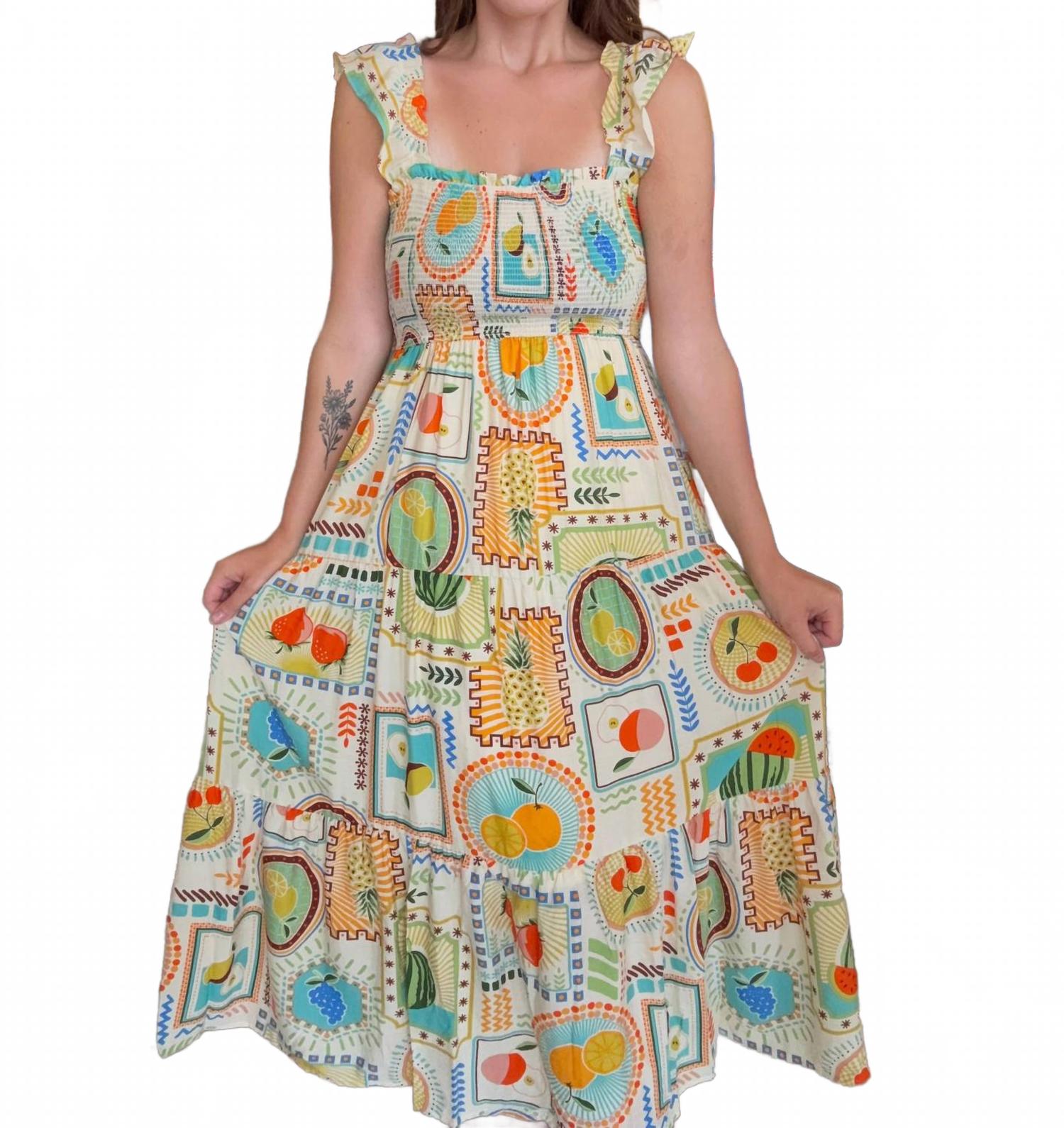 

Платье миди с фруктовым принтом в разноцветной гамме Blu Pepper, мультиколор