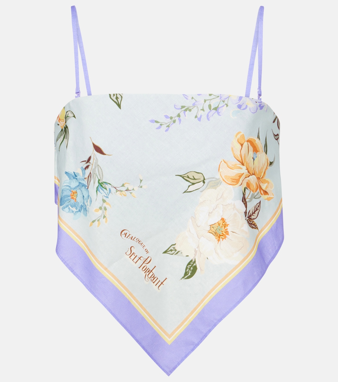 

Льняной и хлопковый укороченный топ с цветочным принтом Self-Portrait, синий