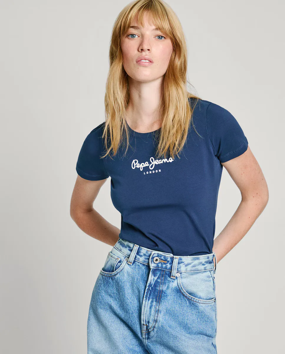 

Женская облегающая футболка с напечатанным логотипом Pepe Jeans, тёмно-синий