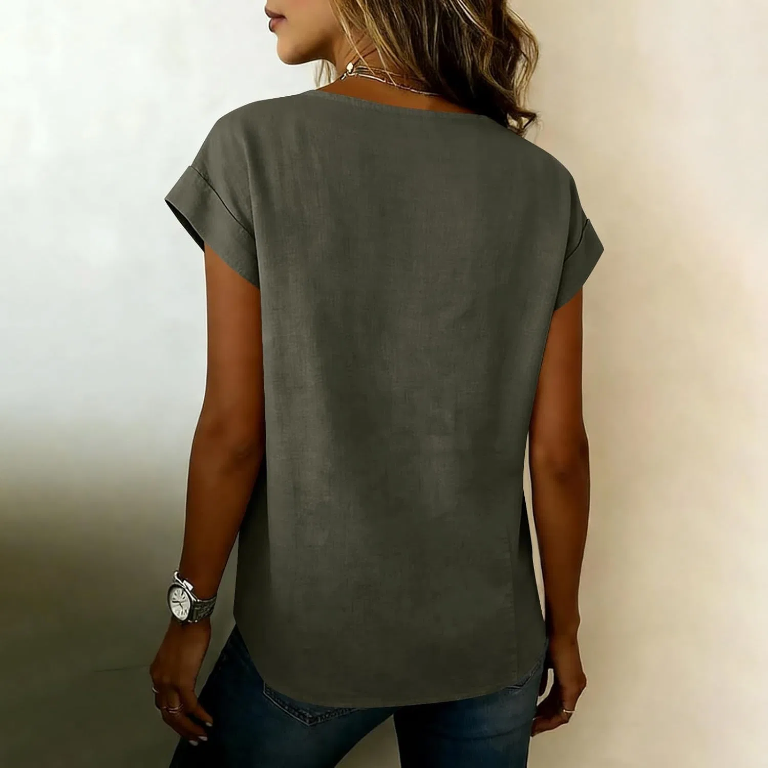 Блуза Wrap V Neck из хлопка и льна, свободный крой, оливково-зеленый — фото 3