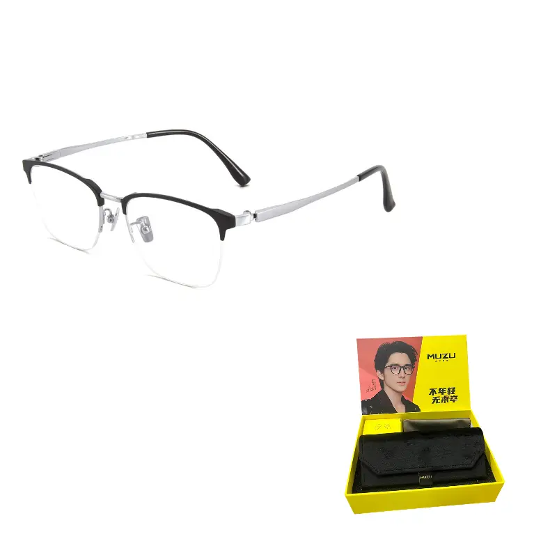 

MUZU Титановая оправа для очков в стиле бровей унисекс, Matte Black | Silver-C05 & Flat Blue Light Blocking Lens