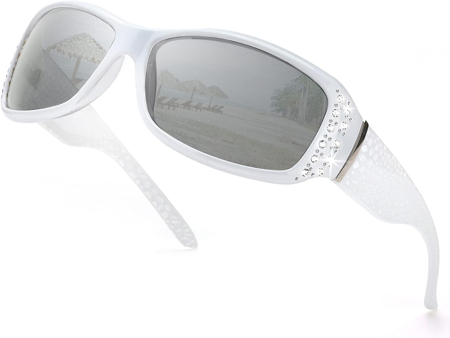 

Женские поляризованные солнцезащитные очки IGnaef с украшениями из страз, защита от УФ-излучения UV400, подходят для вождения, рыбалки и покупок, A02 White Frame/ Silver Mirror Lens Polarized Lens