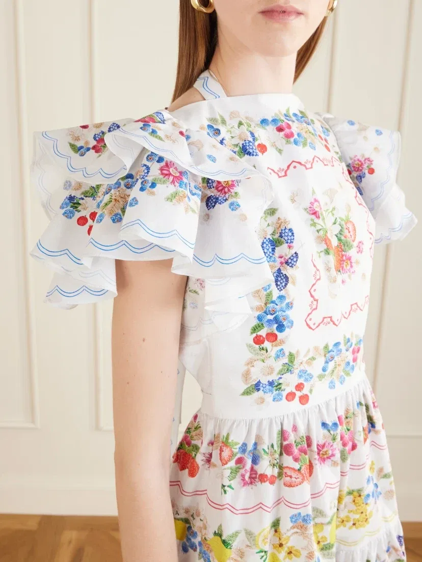 Мини-платье Margarita из хлопкового поплина с рюшами и цветочным принтом Mary Katrantzou, мультицвет — фото 4