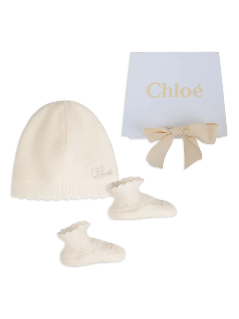 Комплект из шапки бини и пинеток с фестонами Chloé Kids, нейтральный — фото 4