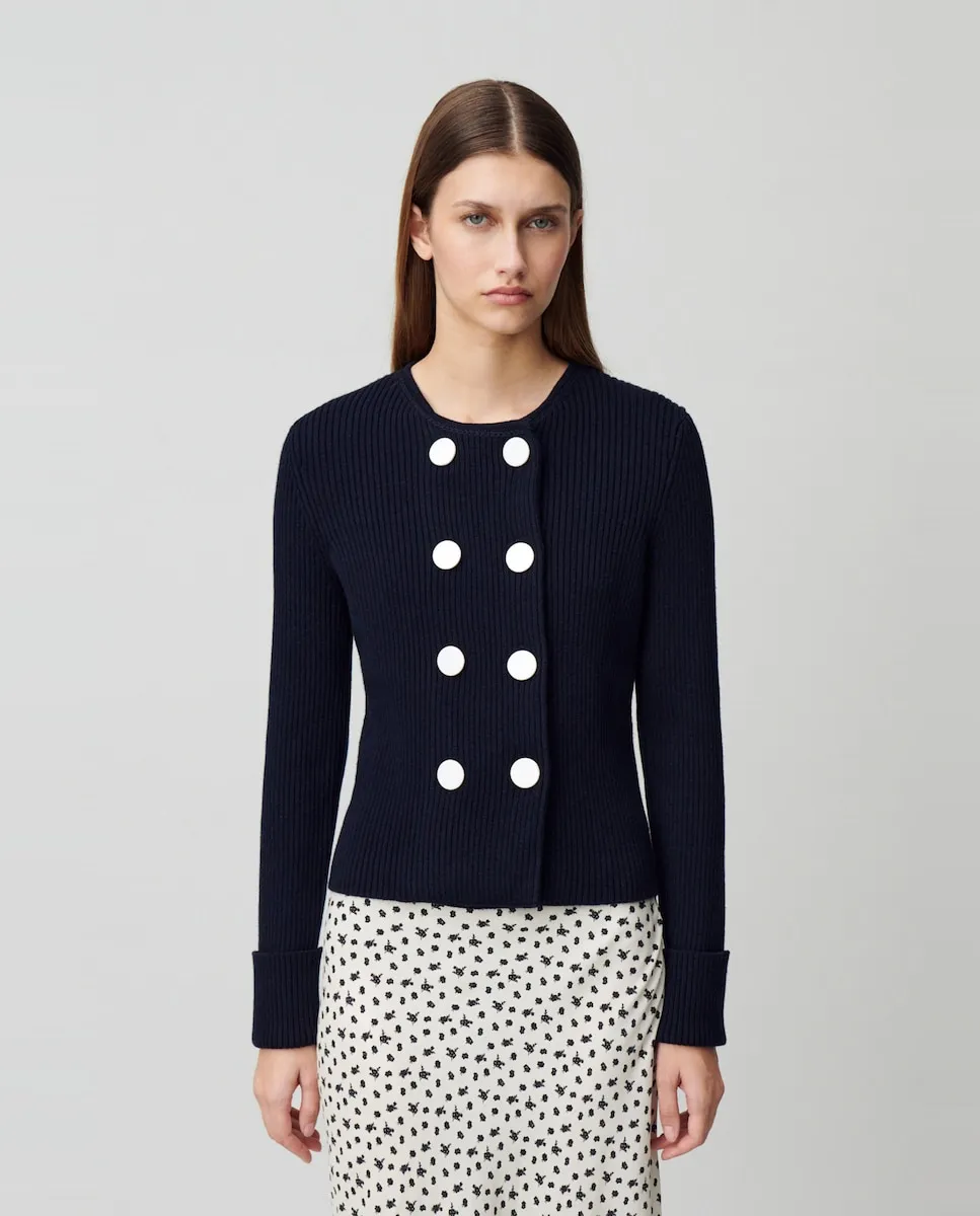 

Женский двубортный кардиган в рубчик Claudie Pierlot, тёмно-синий