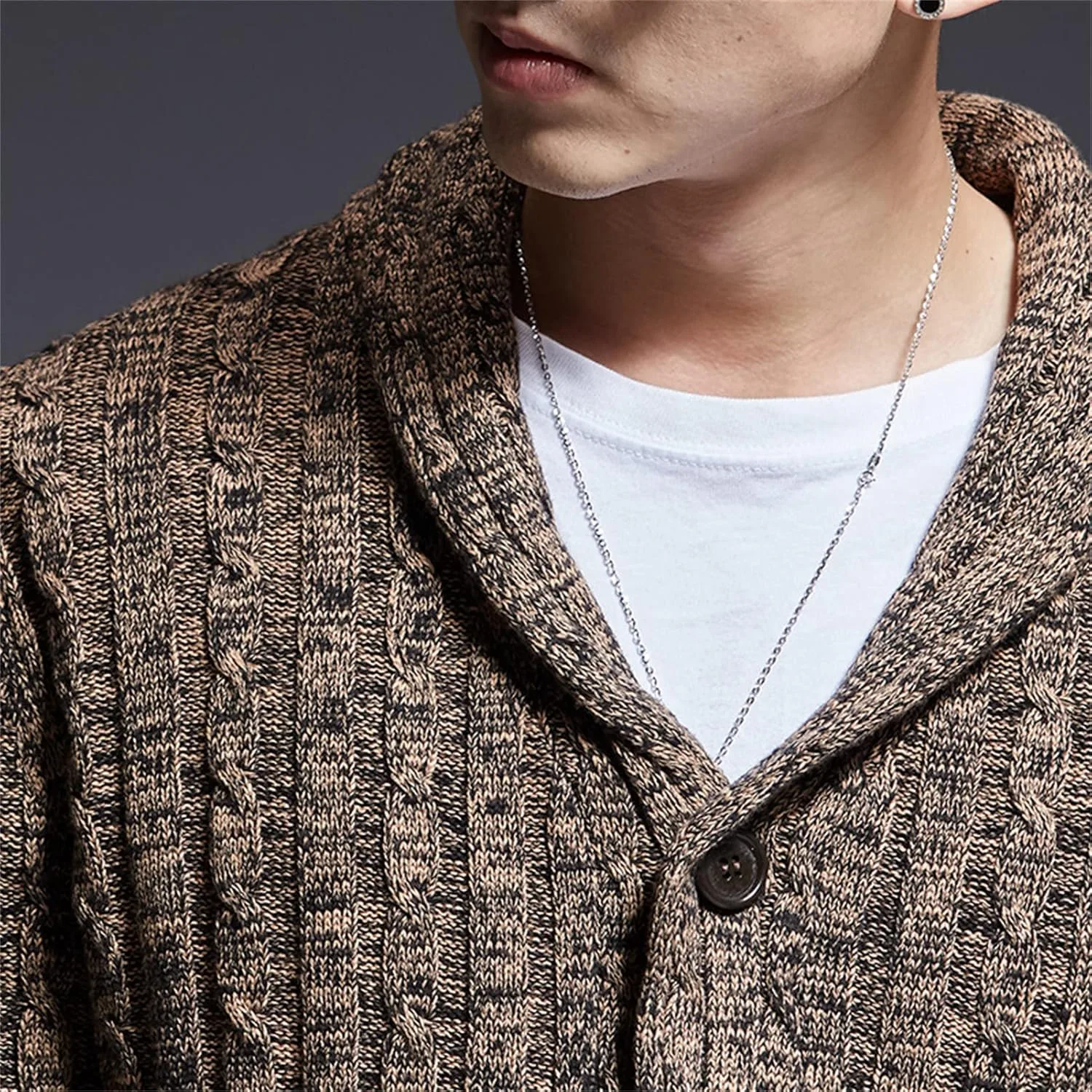 Кардиган мужской с шалью, длинный рукав, зимний, slim fit, кабельная вязка — фото 4
