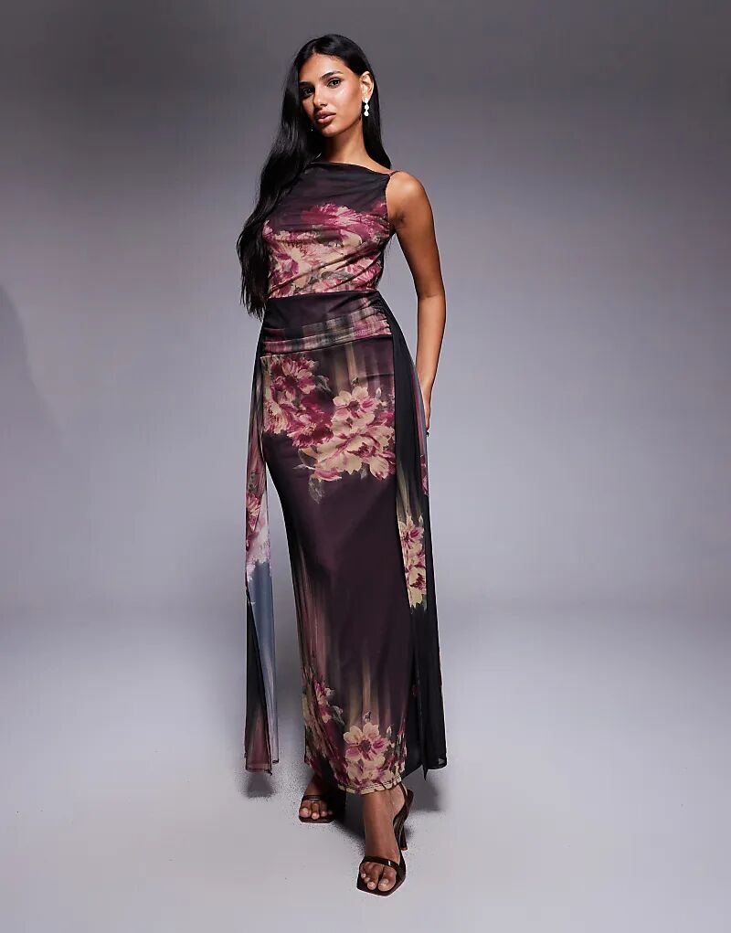 

Платье макси ASOS DESIGN с сетчатым принтом, без рукавов, открытой спиной и поясом, с цветочным принтом