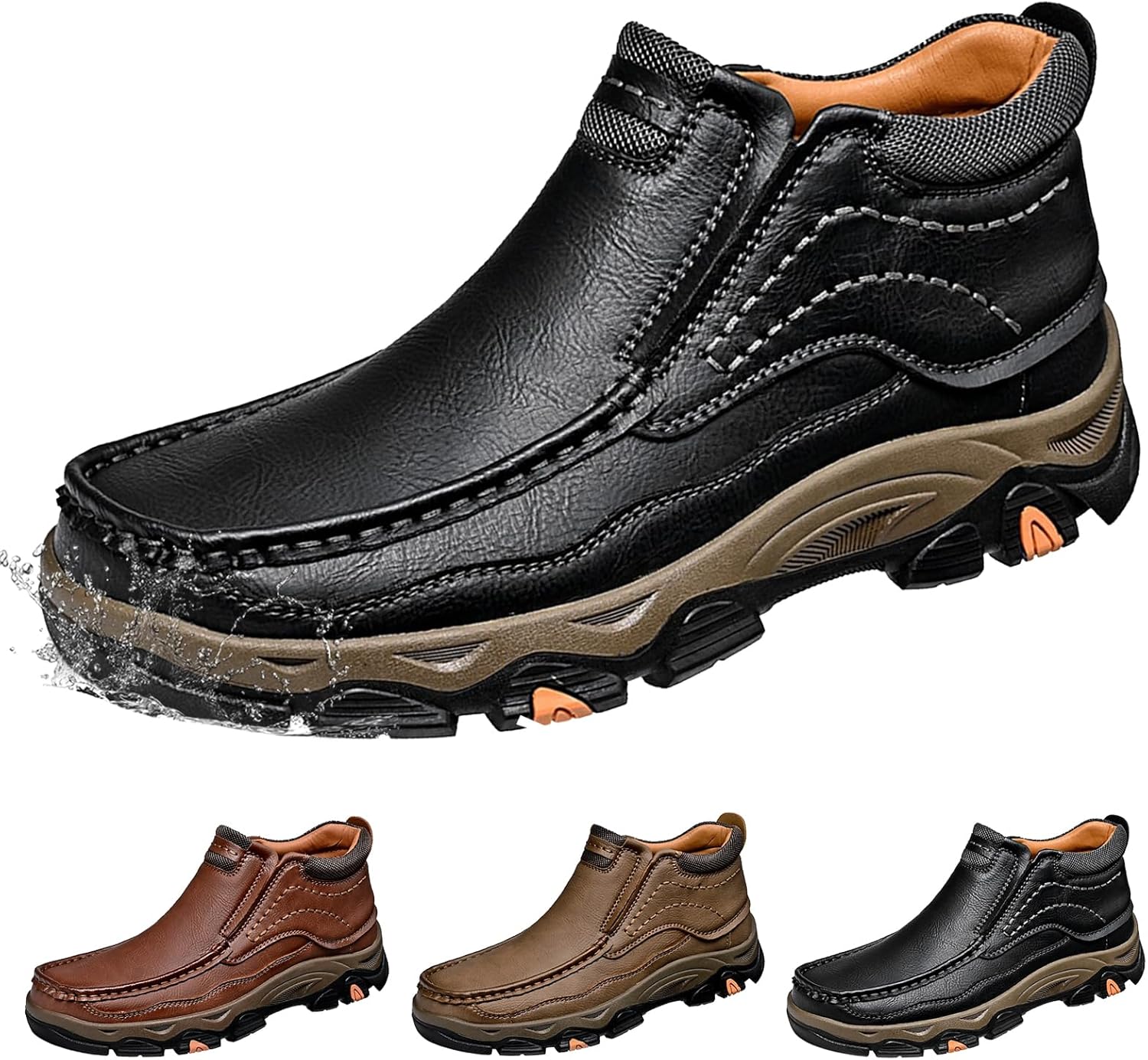 

Мужские кожаные классические лоферы с запрессовкой, водонепроницаемые ботинки для мужчин, легкие, дышащие, нескользящие деловые и походные туфли для свадеб, прогулок и путешествий Generic, черный