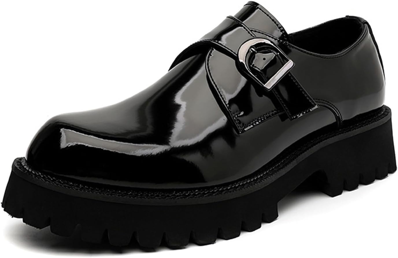 

Мужские кожаные лоферы на платформе без шнуровки с модной пряжкой, круглым носком и рифленой подошвой, повседневные и деловые туфли на плоской подошве Nejkg, черный