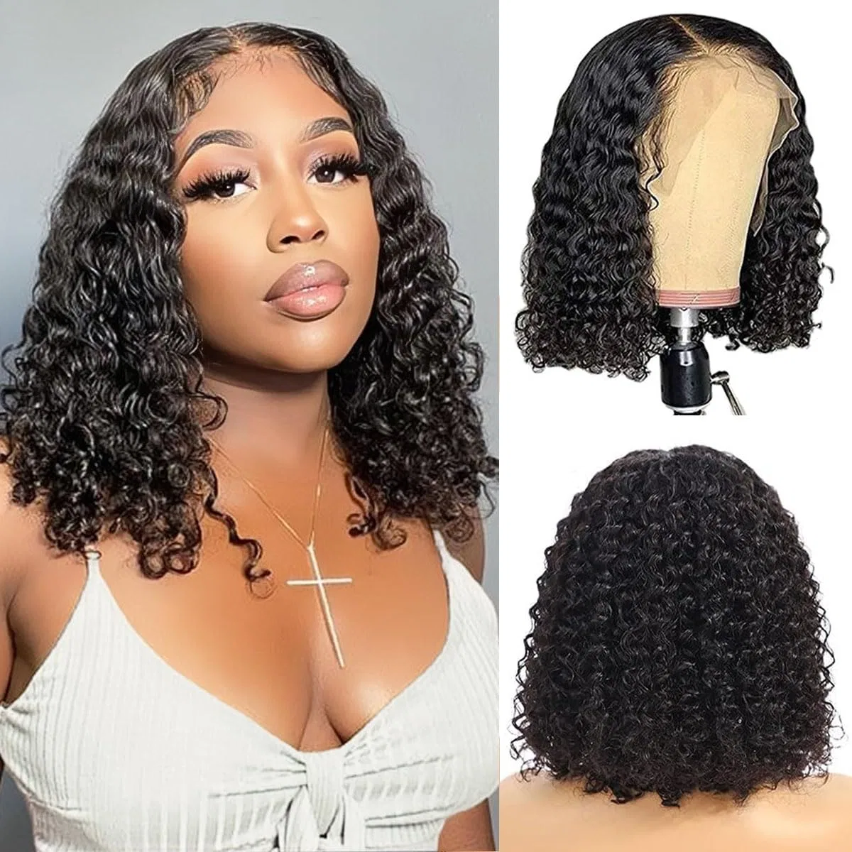 Парик Lace Front Bob с глубокими кудрями из натуральных человеческих волос 14 дюймов Nicmiss, (13X4 Lace Deep #1B)
