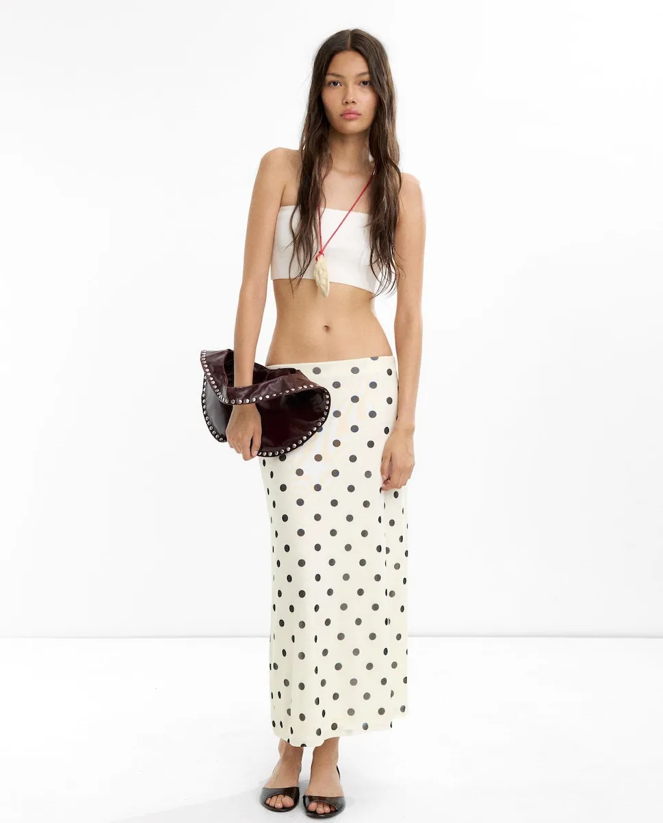 

Длинная юбка с эластичной талией и принтом в горошек Parfois, белый/черный
