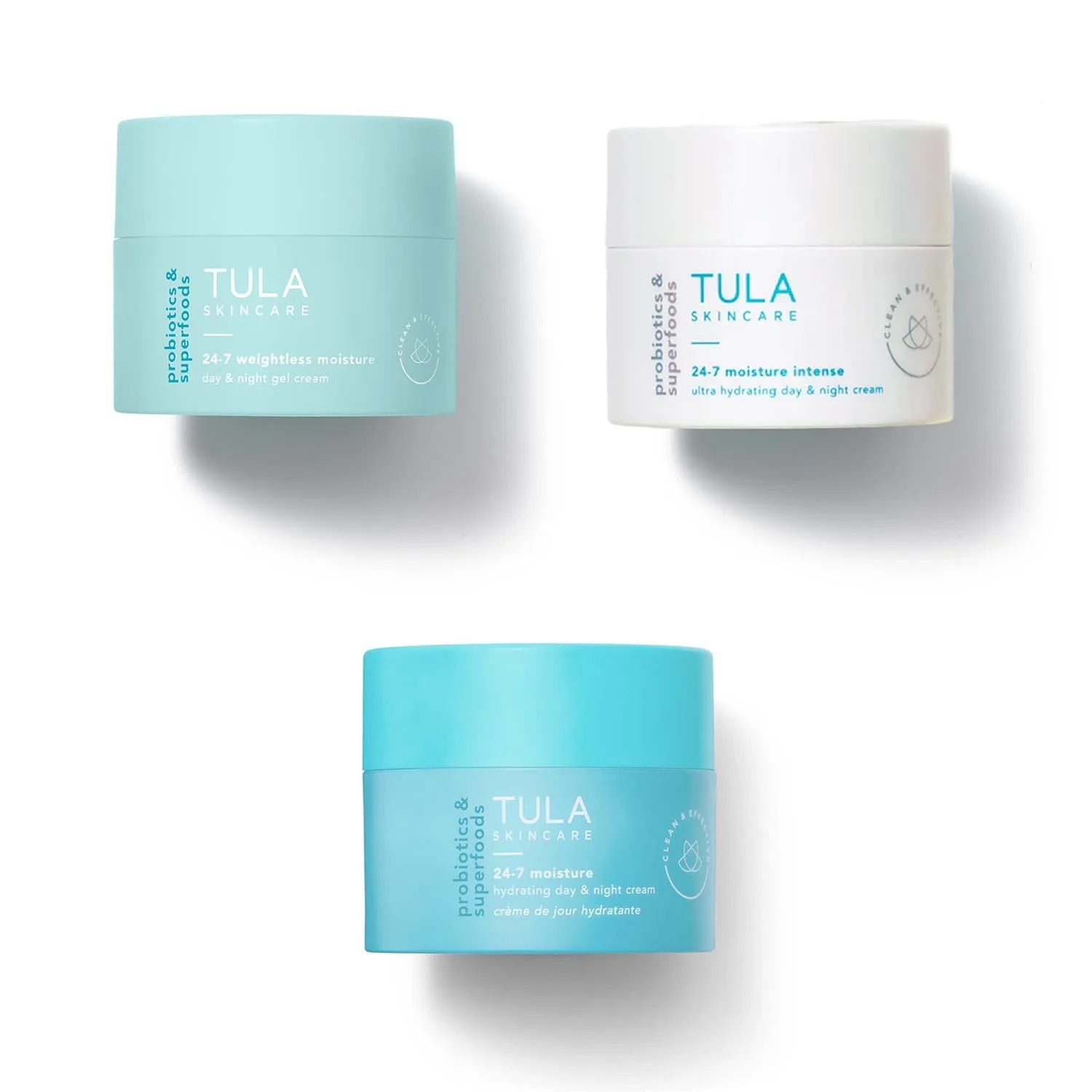 TULA Skin Care 24-7 Moisture Minis - увлажняющий дневной и ночной крем, дорожный набор из 3 шт: Original, Moisture Intense и Weightless по 14 г