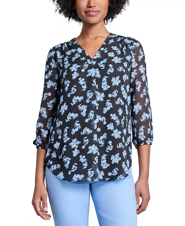 

Женская туника Kelly Printed с V-образным вырезом из шифона Jones New York, черный