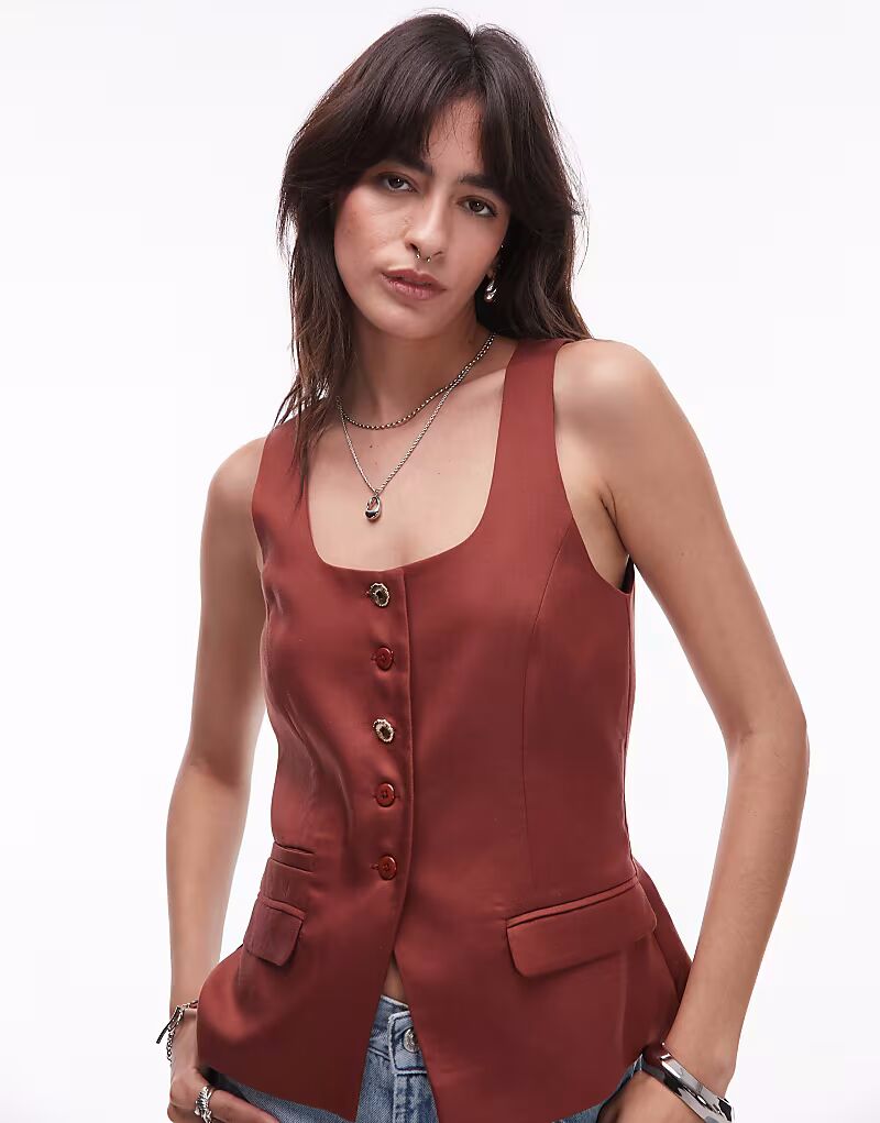 

Удлиненный жилет Topshop премиум-класса для гостей на свадьбу с круглым вырезом коричневого цвета