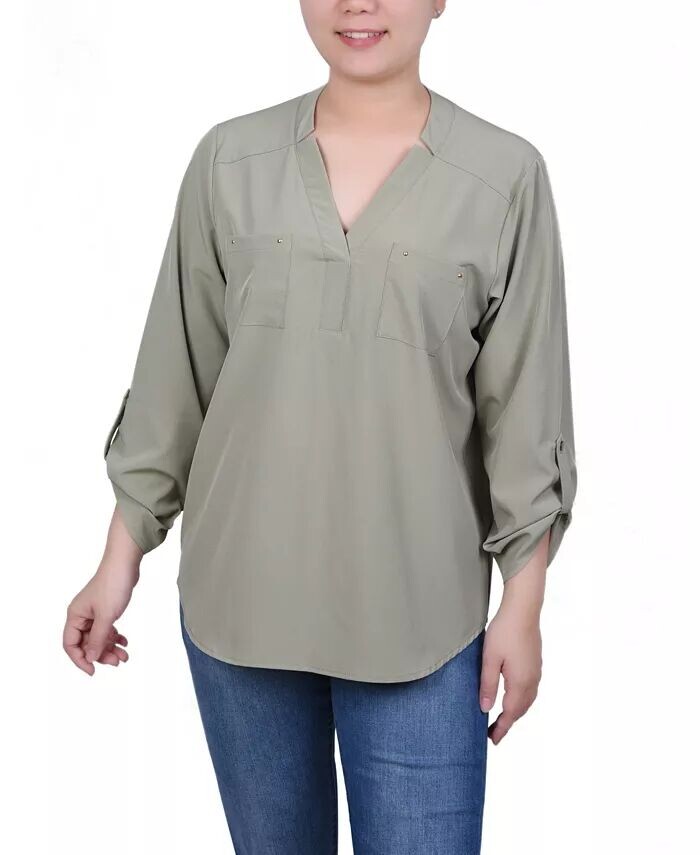 

Блузка Petite с закругленными рукавами и карманами NY Collection, зеленый