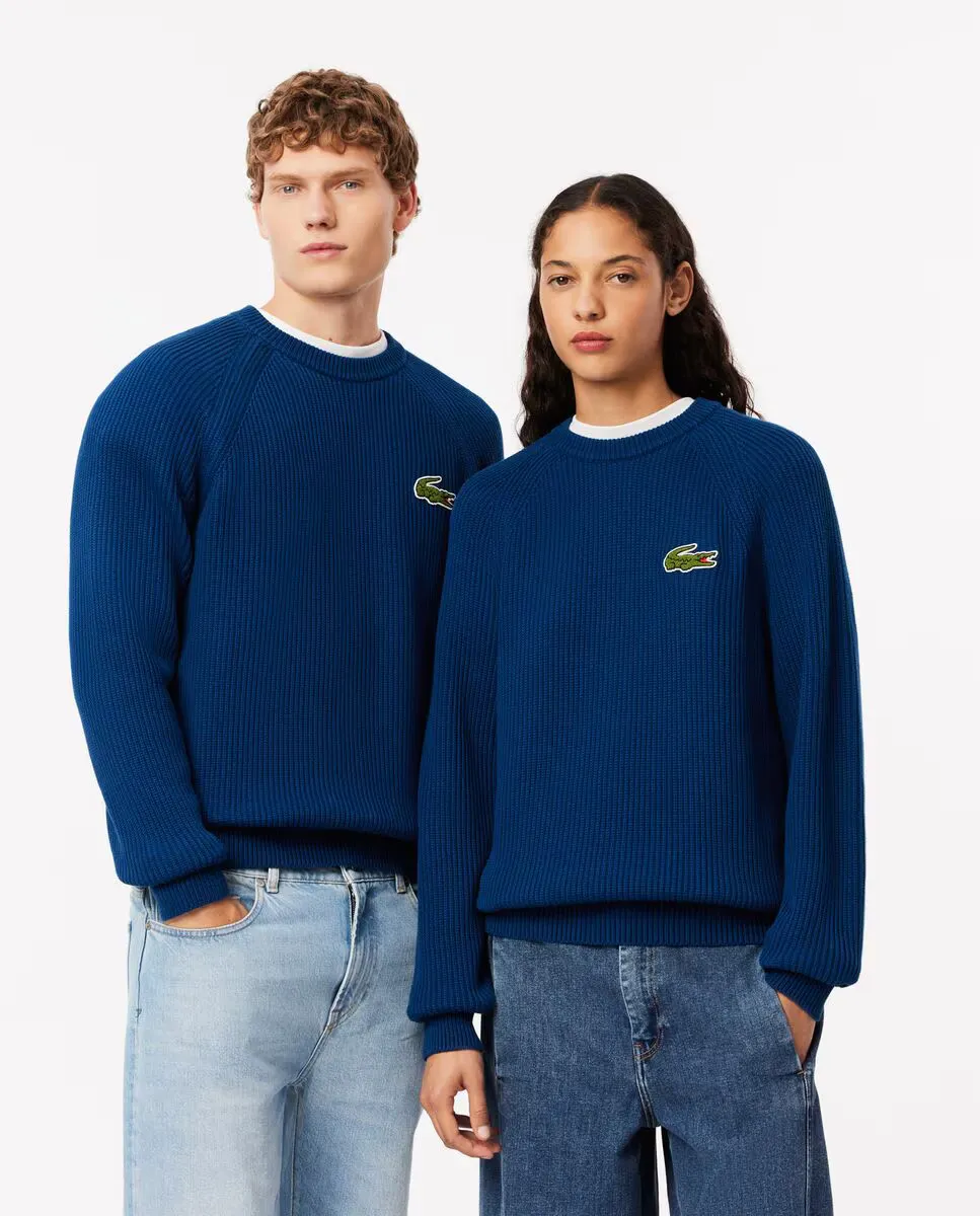 

Хлопковый свитер унисекс с круглым вырезом и жемчужной резинкой Lacoste, синий