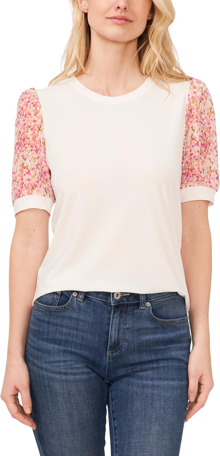 

Блуза CeCe Puff Sleeve Printed Mixed Media Knit Blouse, цвет New Ivory