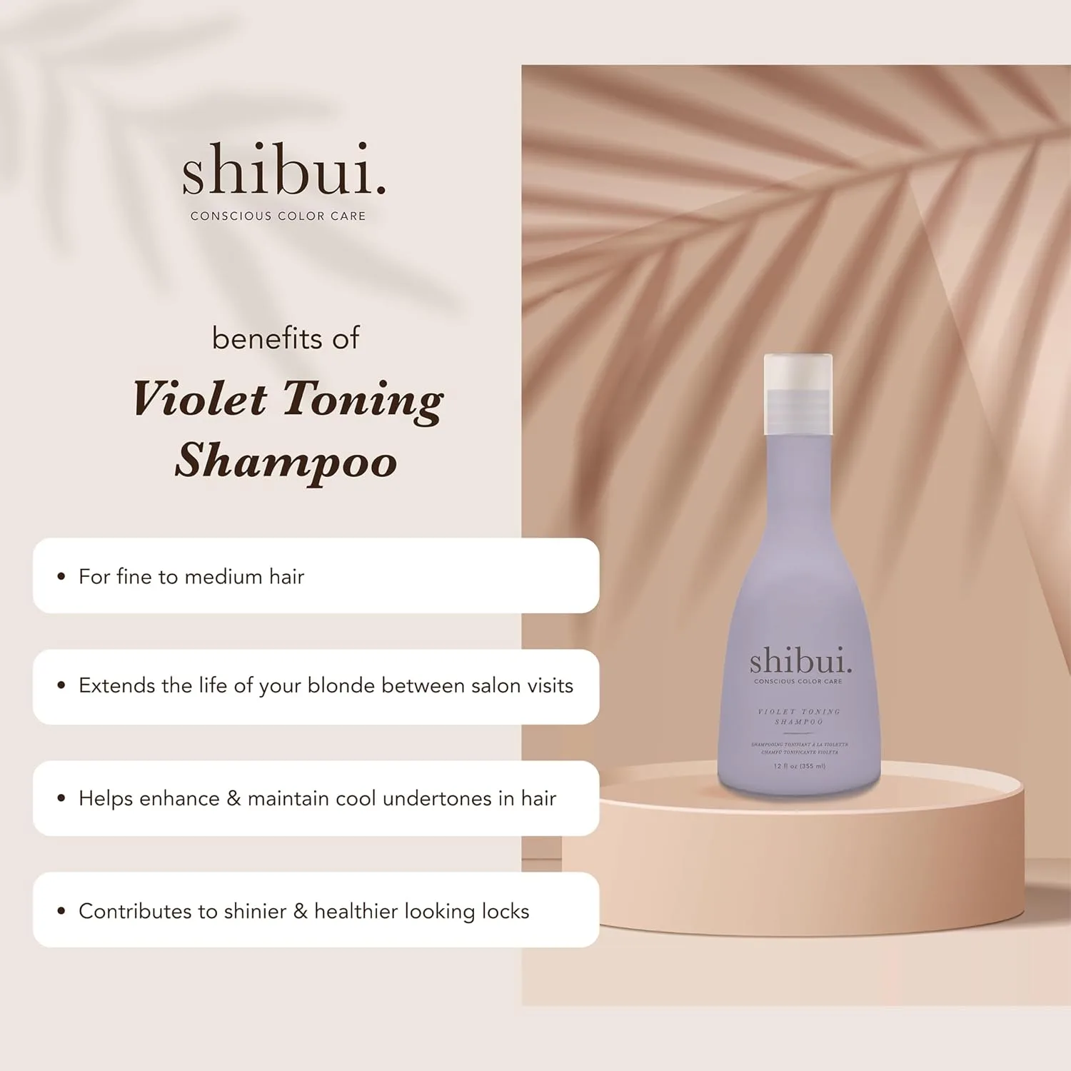 Тонирующий шампунь SHIBUI Violet нейтрализует нежелательную желтизну благодаря маслу асаи и гибискусу, подходит для светлых, мелированных и седых волос. 355 мл (.), Purple — фото 2