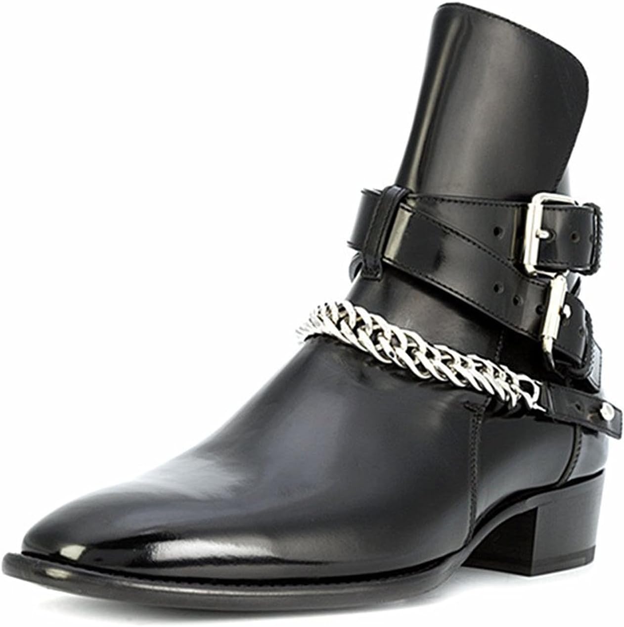 

Мужские ботинки Santimon из кожи верхнего слоя, повседневные и нарядные, в стиле рок-звезды, с заостренным носком, цепочкой на щиколотке, челси вестерн с двойной пряжкой для концертов, сцены, вечеринок и ночных прогулок, черный