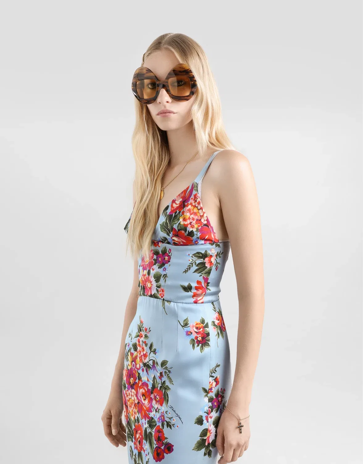 Атласное платье с принтом в виде букета цветов DOLCE & GABBANA, голубой — фото 4