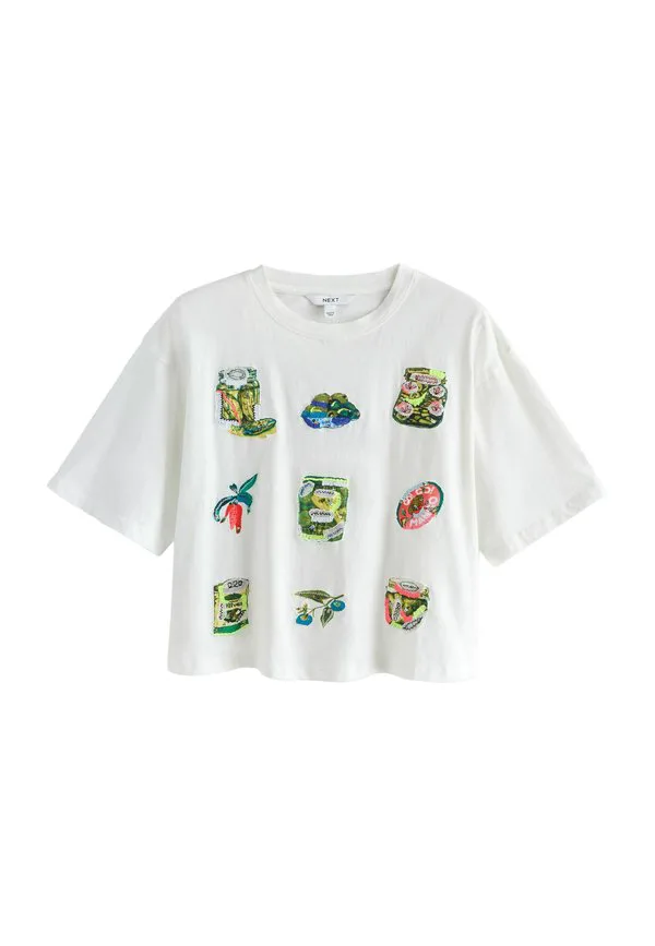 

Футболка прямого кроя с принтом в виде графических огурцов, украшенная пайетками, и круглым вырезом. Next, White, Белый, Футболка прямого кроя с принтом в виде графических огурцов, украшенная пайетками, и круглым вырезом. Next, White