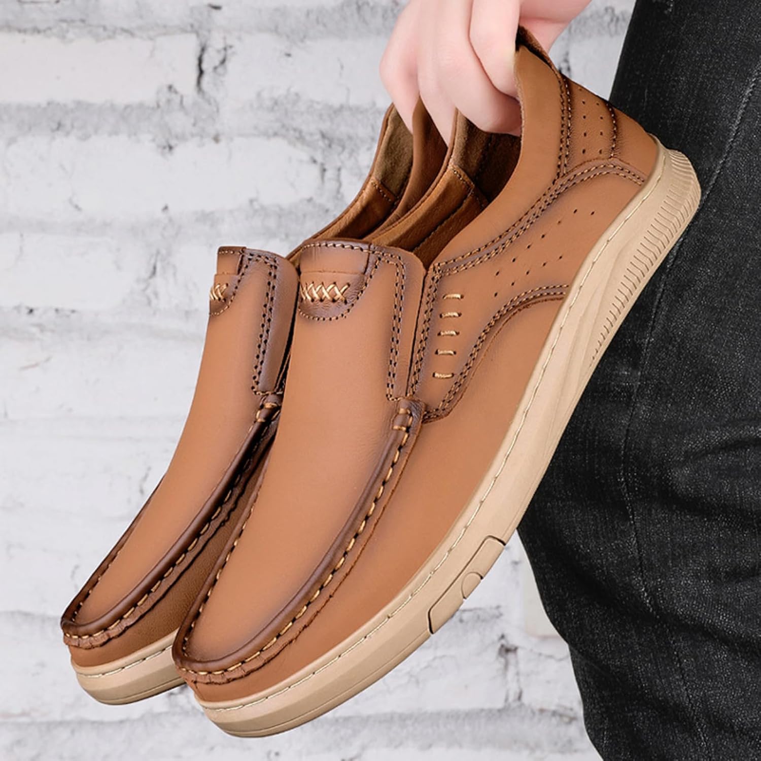 Мужские модные кожаные повседневные лоферы с противоскользящим покрытием, легкие, с мягкой подошвой, низкие, удобные для ходьбы, для работы, офиса и вождения Etoryoox, коричневый — фото 2