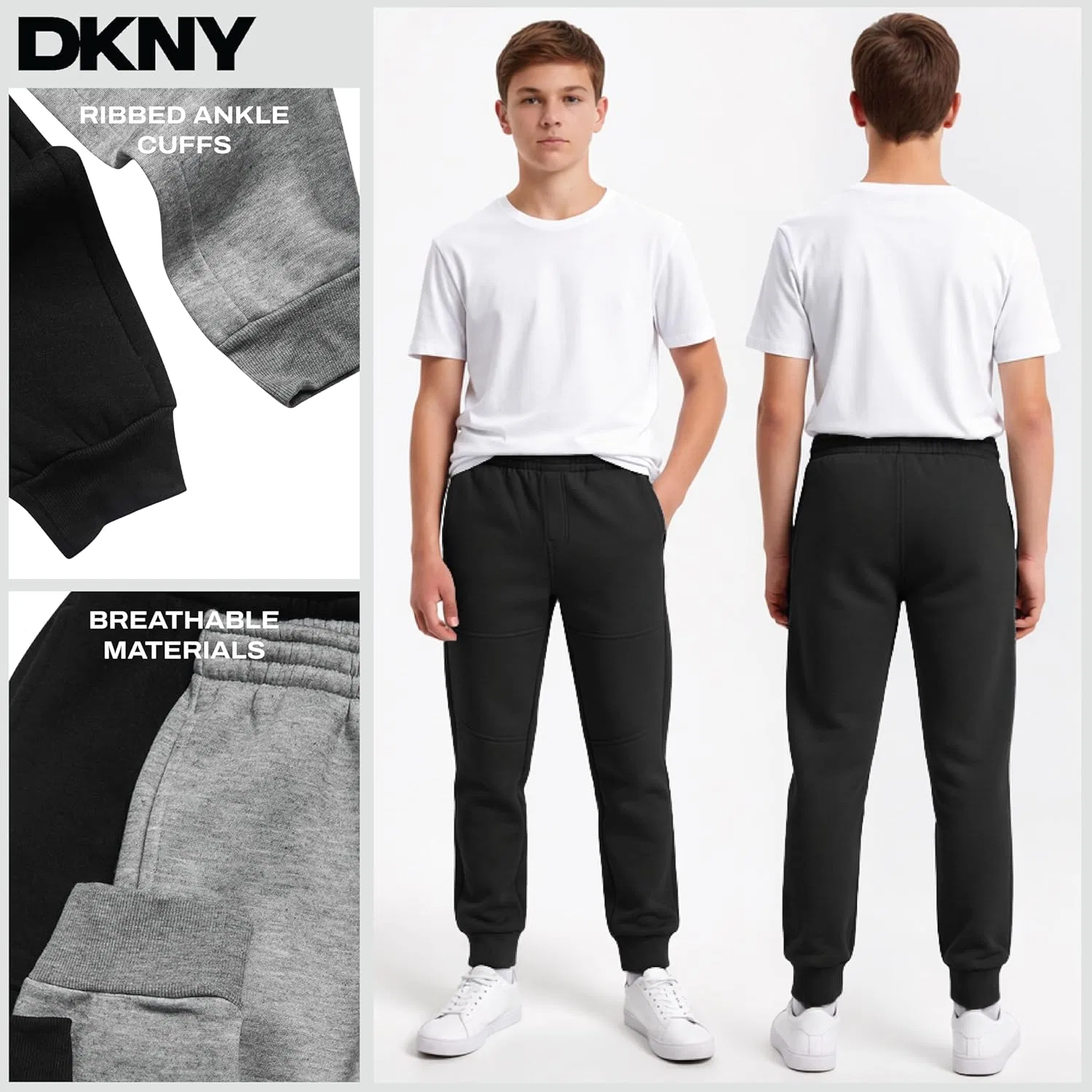 Спортивные штаны DKNY для мальчиков - комплект из 2 штук, из мягкого флиса, с эластичным поясом и карманами, средне-серый меланж/черный — фото 3