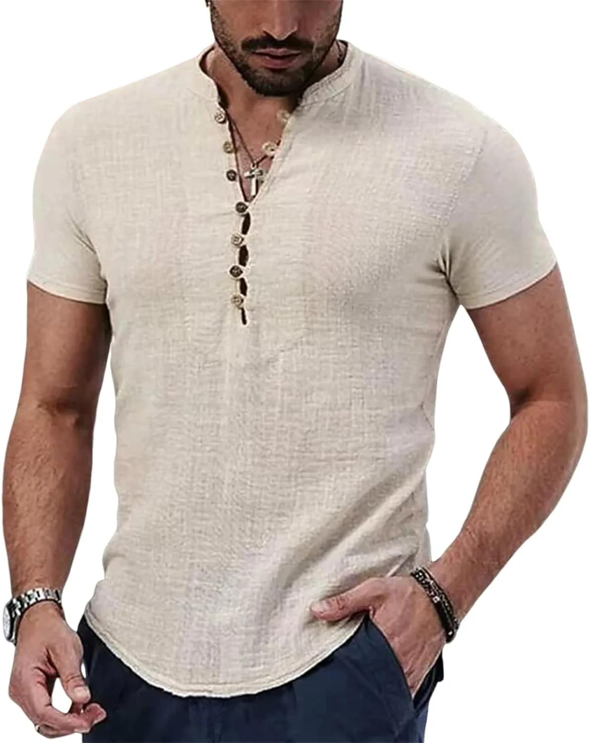 

Мужская легкая футболка Henley с коротким рукавом и отложным воротником, S-3XL RTRDE