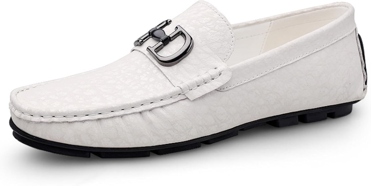 

Мужские лоферы с фактурой под крокодила из натуральной кожи, без шнурков, с металлической пряжкой, низким каблуком и круглым носком, удобные мокасины для бизнес-кэжуал, офиса, поездок на работу, вождения и досуга Psieicwm, белый