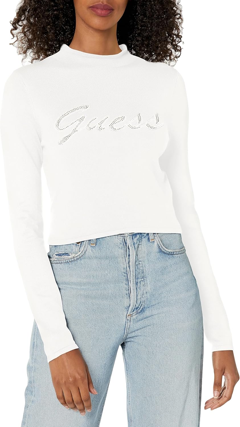 

GUESS женский свитер с длинным рукавом и логотипом Guess из страз, Cream White