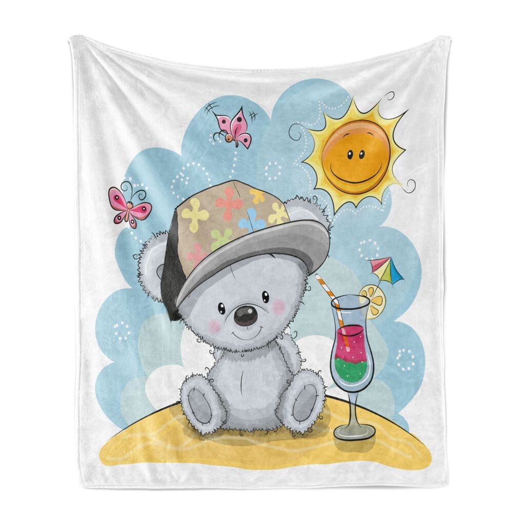 

Мягкое фланелевое флисовое одеяло ABAKUHAUS Funny Bear, Летнее время с бабочками, уютный плюш для использования в помещении и на улице, 125 x 175 см, разноцветное
