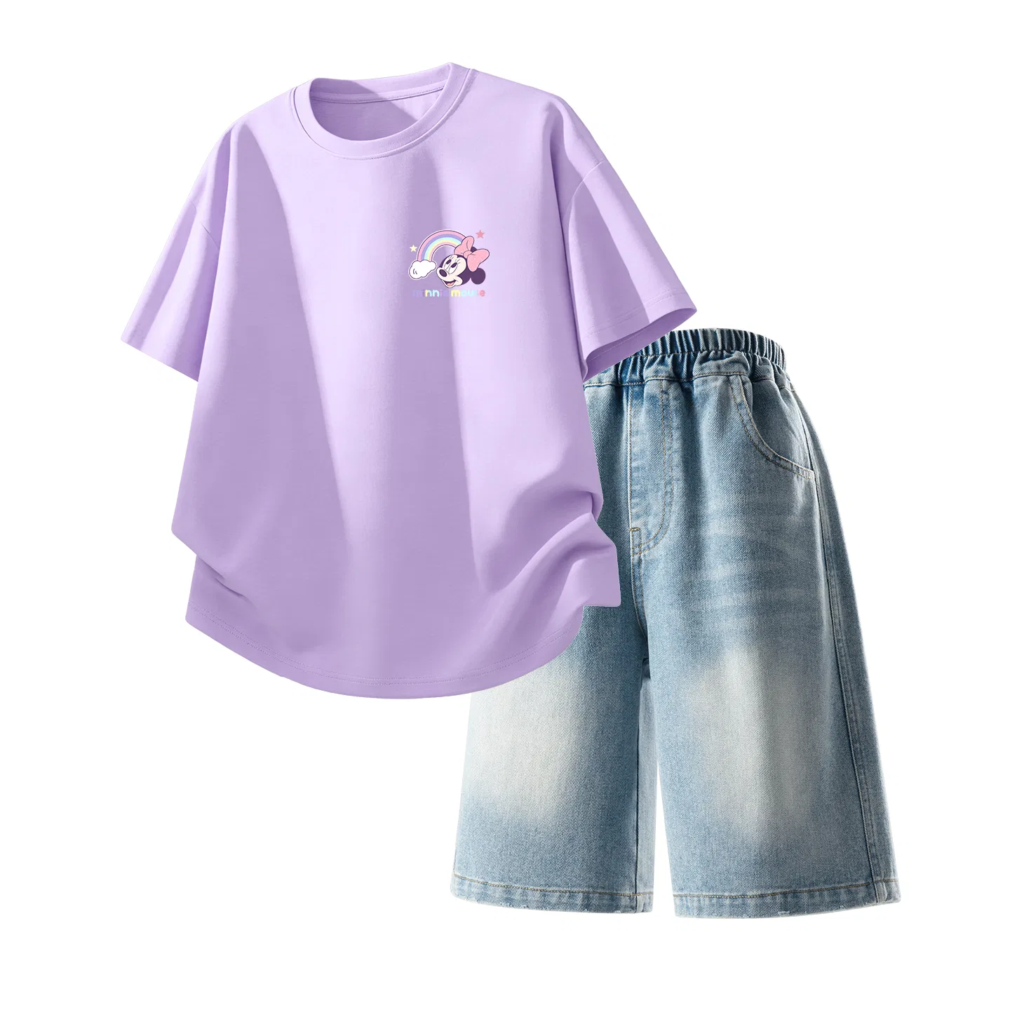 Детская повседневная спортивная футболка с круглым вырезом Disney, Di Xin Huani K Taro Purple+Solid Color Denim Blue — фото 3