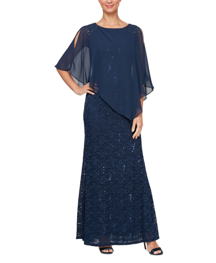 

Платье-накидка с круглым вырезом и кружевом, украшенное пайетками, для невысоких девушек SL Fashions, New Navy