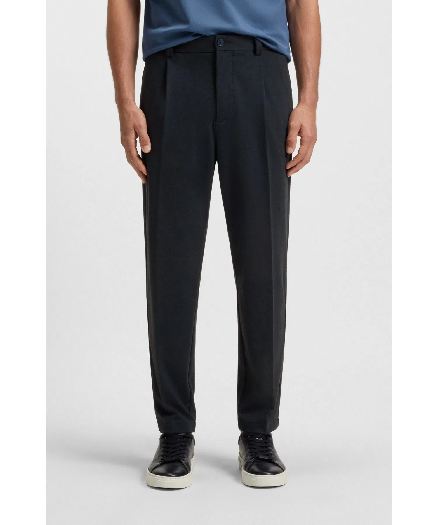 Мужские брюки BOSS Tapered Fit из меланжевого стрейч-твила тёмно-синие