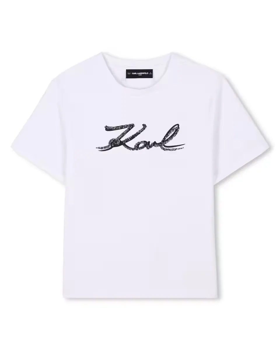 

Футболка с короткими рукавами для девочки с логотипом из пайеток Karl Lagerfeld Kids, белый