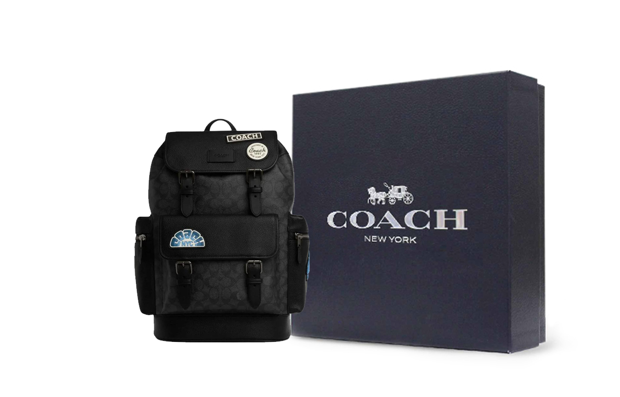 

COACH Сумка рюкзак мужская большая из спринт коровьей кожи с искусственной кожаной аппликацией антрацитово-черная