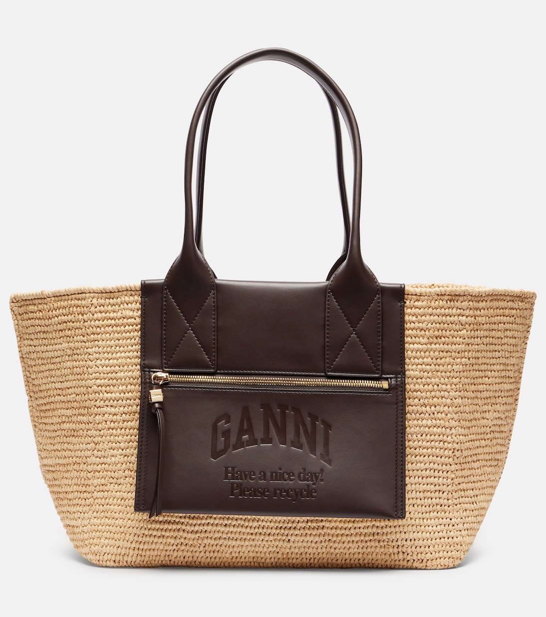 

Сумка-тоут из рафии с отделкой из искусственной кожи Ganni, Seal Brown