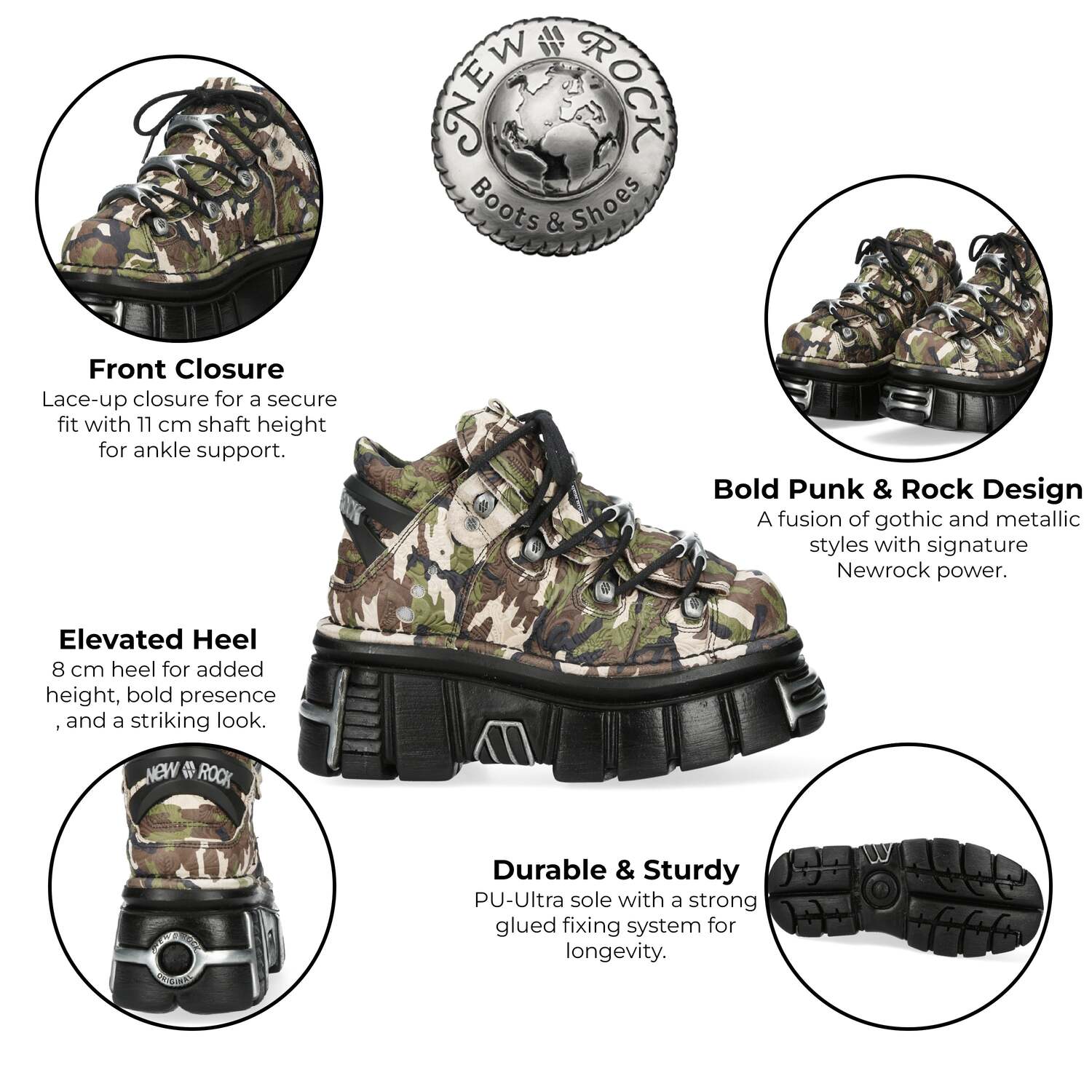 New Rock M-106-C169 Камуфляжные кожаные металлизированные готические ботинки, хаки — фото 2