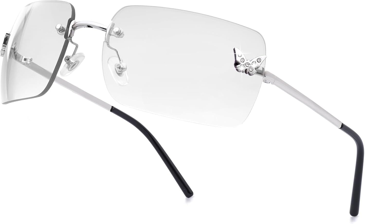 

knliwkm Безободковые прямоугольные солнцезащитные очки в стиле Y2k для женщин и мужчин, милые, маленькие, с прозрачными тонированными линзами, модные очки 2000-х годов, бабочка, Silver, Transparent