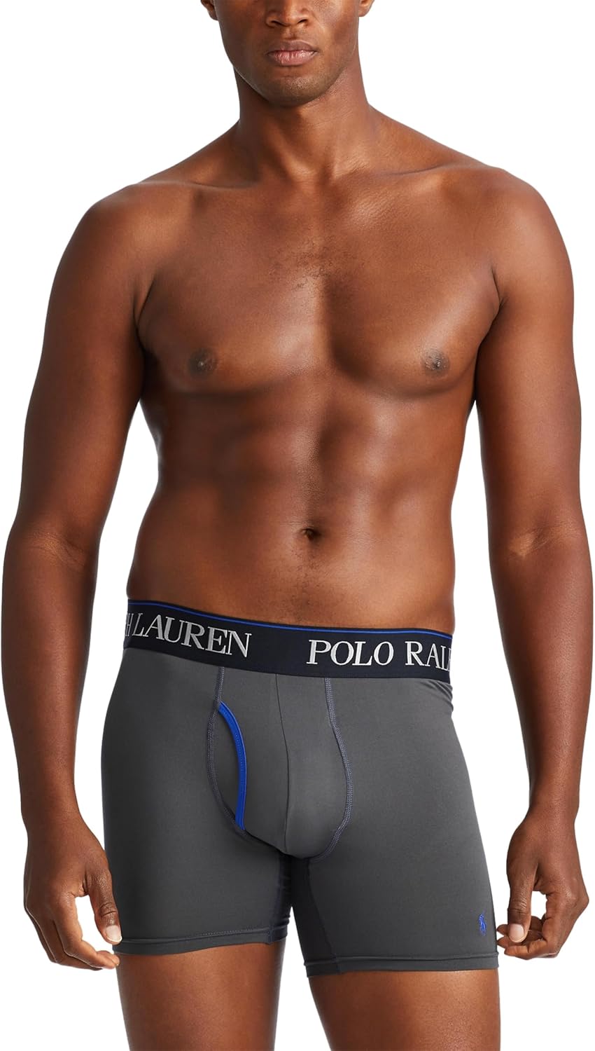 Мужские боксеры-трусы POLO RALPH LAUREN 4D Flex Cooling из микрофибры, длинные и плавки, 3 пары, Charcoal/Rugbyroyal/Polo Black — фото 2