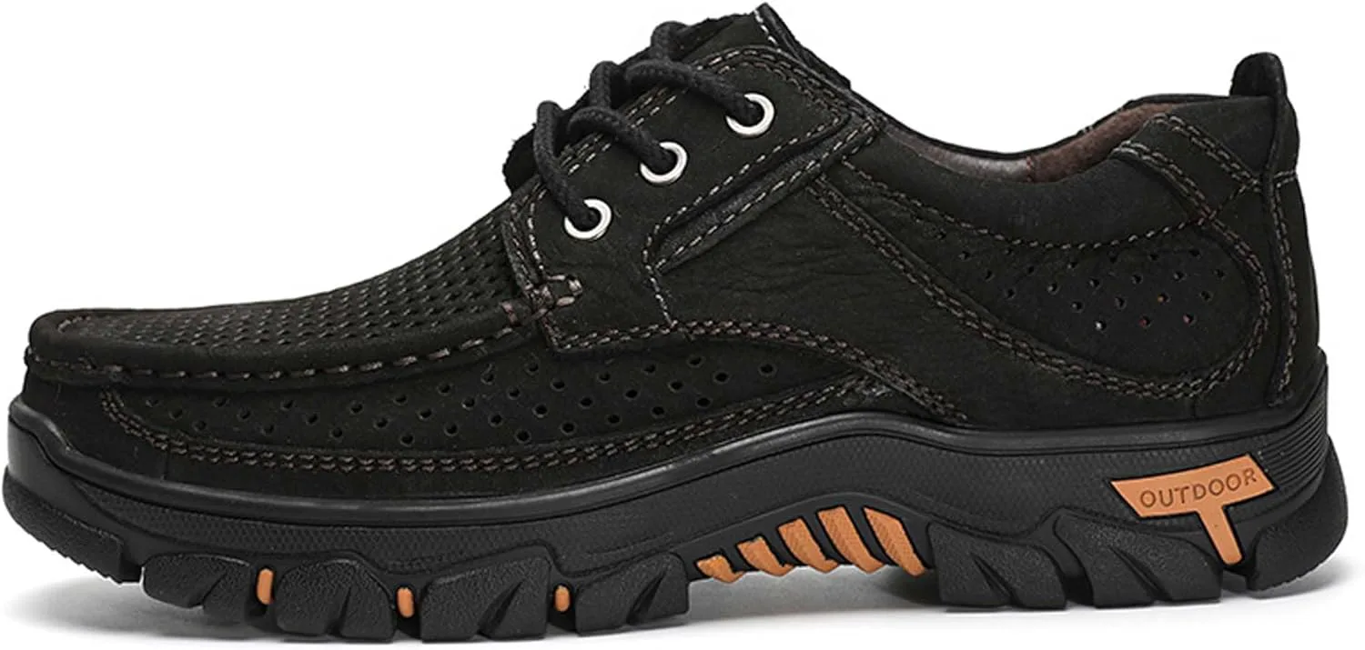 

Мужские повседневные кроссовки универсальные, дышащие, из коровьей кожи, для походов и альпинизма, нескользящие, легкие лоферы, мужские с вырезами, повседневные, больших размеров, кожаные, размеры 5-14 US Generic, черный