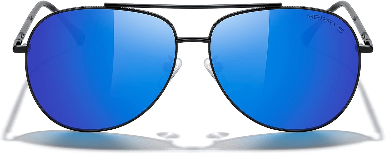 

Солнцезащитные очки-авиаторы MERRY'S для женщин и мужчин, с поляризованными зеркальными линзами и футляром - поляризованные очки для вождения, 60 мм, Black Frame/Blue Mirror Lens