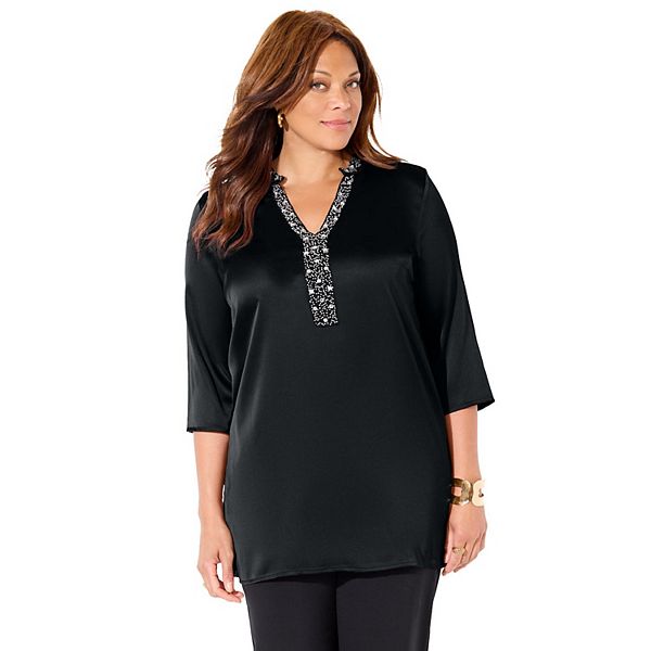 

Женская плюс сайз атласная туника с декоративным воротником Catherines, Black, Черный, Женская плюс сайз атласная туника с декоративным воротником Catherines, Black