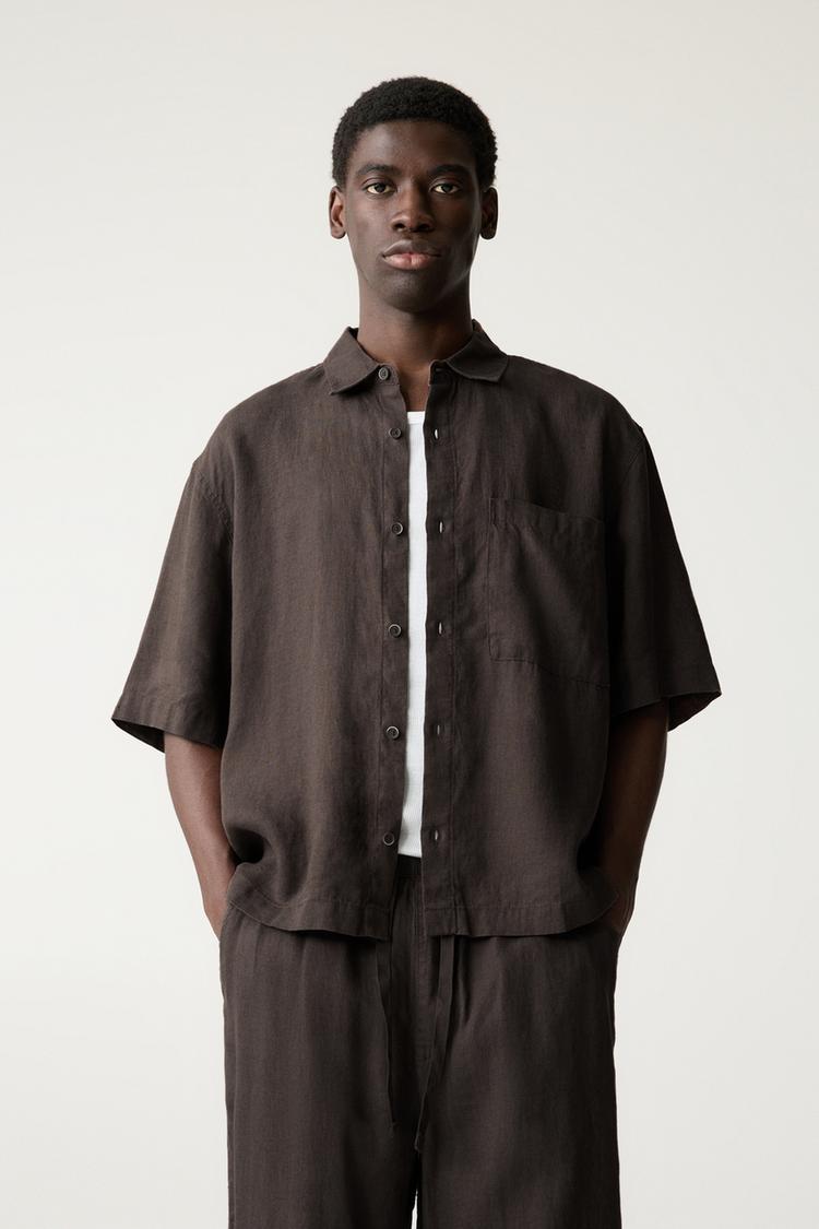 

Рубашка свободного кроя из 100% льна Pull And Bear, коричневый